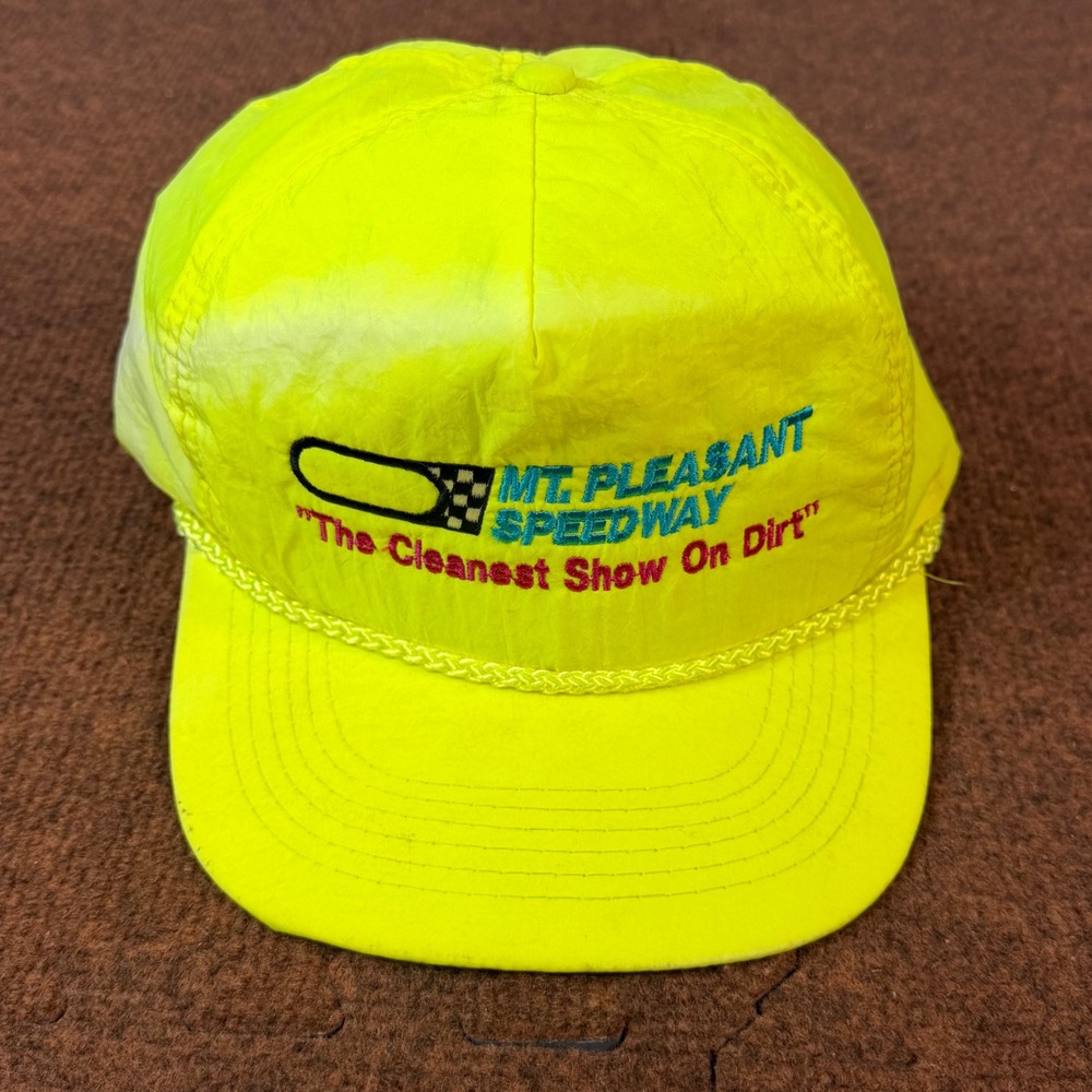 Gold Medal Mt Pleasant Speedway Hat Neon Yellow Nylon Snapback Racing Vintage OS
